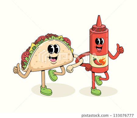 taco and chili sauce together character groovy cartoon illustration 133076777