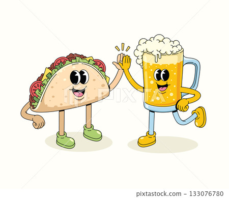 taco and beer highfive character groovy cartoon illustration 133076780
