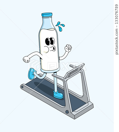 milk bottle treadmill character groovy cartoon illustration 133076789