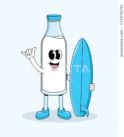 milk bottle surf shaka hand character groovy cartoon illustration milk bottle surf shaka hand character groovy cartoon illustration 133076791