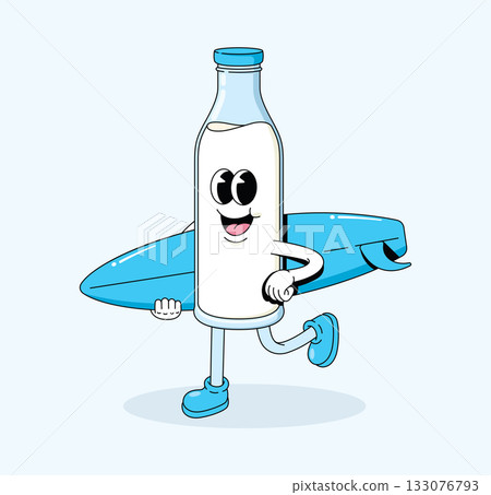 milk bottle surf character groovy cartoon illustration 133076793