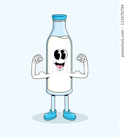 milk bottle strong character groovy cartoon illustration 133076794