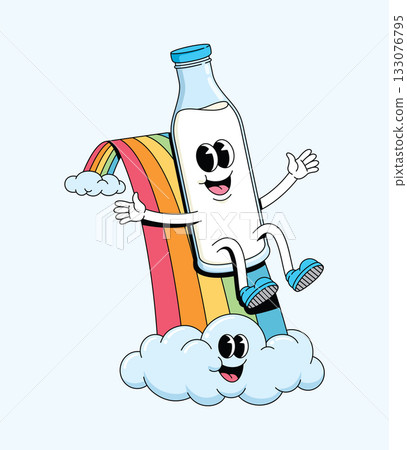 milk bottle slide rainbow character groovy cartoon illustration milk bottle slide rainbow character groovy cartoon illustration 133076795