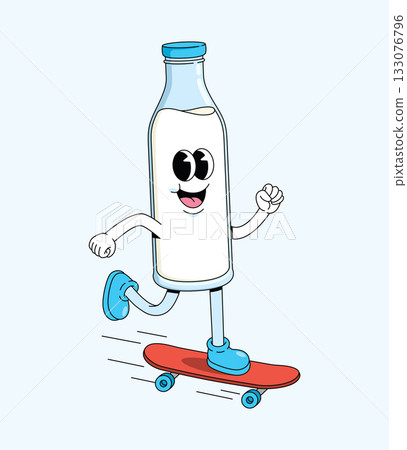 milk bottle skateboard walk character groovy cartoon illustration milk bottle skateboard walk character groovy cartoon illustration 133076796