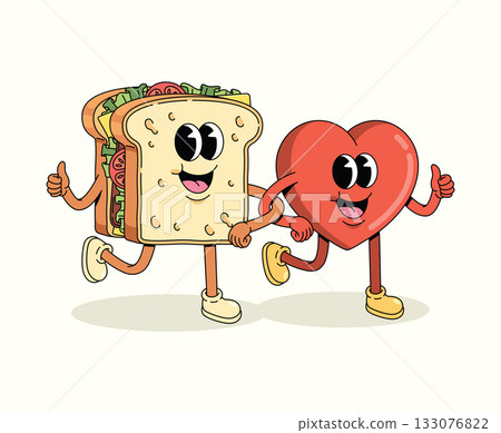 love and sandwich character groovy cartoon illustration 133076822