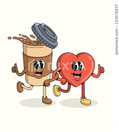love and coffee character groovy cartoon illustration 133076837