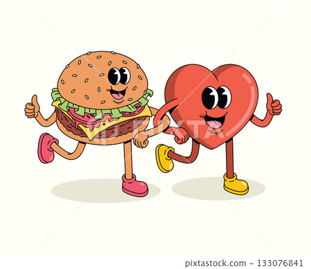 love and burger character groovy cartoon illustration love and burger character groovy cartoon illustration 133076841