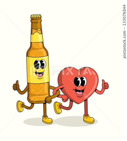 love and beer bottle character groovy cartoon illustration 133076844