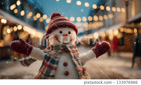 snowman smiling at festive Christmas market during snowy winter evening 133076866