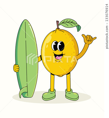 lemon surf shaka hand character groovy cartoon illustration lemon surf shaka hand character groovy cartoon illustration 133076914