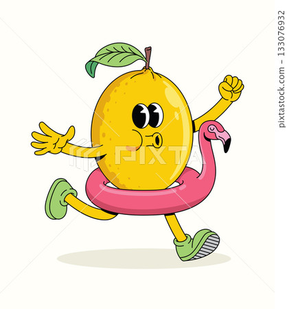 lemon flamingo float character groovy cartoon illustration 133076932