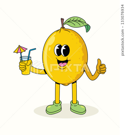 lemon drink thumbs up character groovy cartoon illustration 133076934
