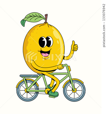 lemon bicycle character groovy cartoon illustration 133076942