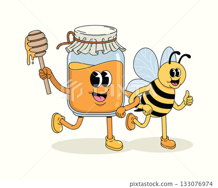 honey and bee walk together character groovy cartoon illustration 133076974