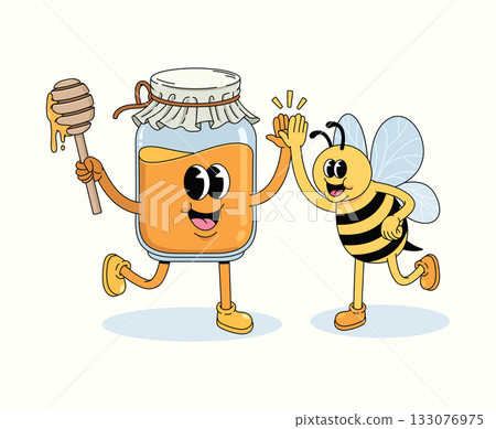 honey and bee high five character groovy cartoon illustration 133076975