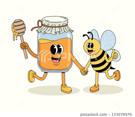 honey and bee hand in hand character groovy cartoon illustration 133076976