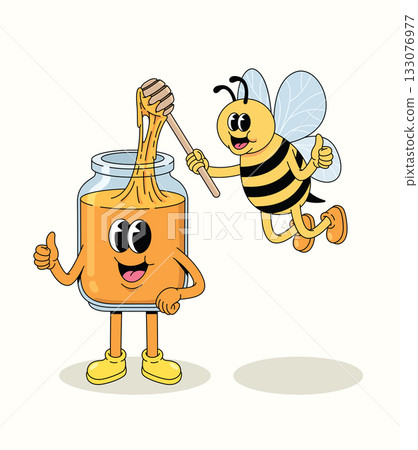 honey and bee character groovy cartoon illustration 133076977