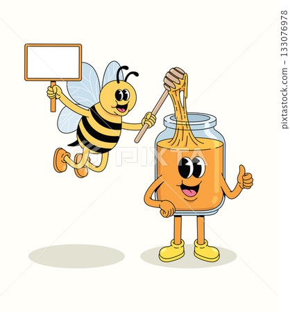honey and bee blank board character groovy cartoon illustration 133076978