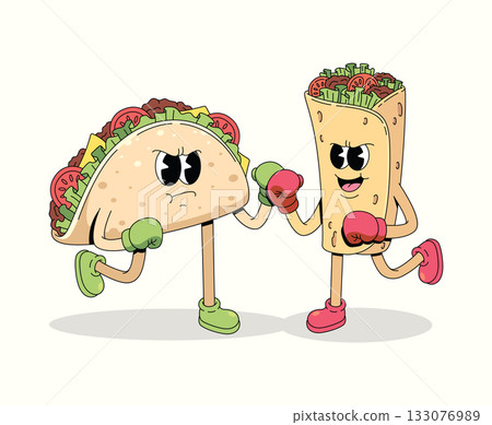 boxing taco vs kebab character groovy cartoon illustration 133076989