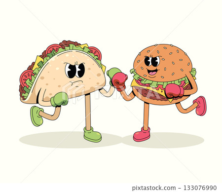 boxing taco vs burger character groovy cartoon illustration 133076990