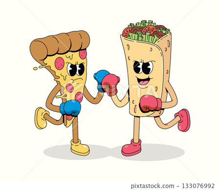 boxing pizza vs kebab character groovy cartoon illustration 133076992