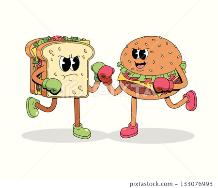 boxing sandwich vs burger character groovy cartoon illustration 133076993