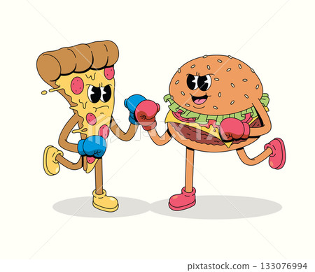 boxing pizza vs burger character groovy cartoon illustration 133076994
