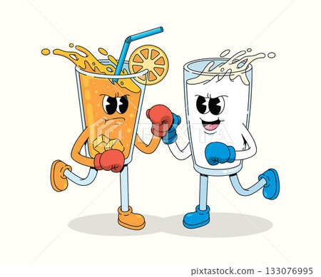 boxing orange drink vs milk character groovy cartoon illustration boxing orange drink vs milk character groovy cartoon illustration 133076995