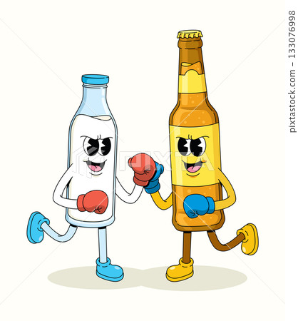 boxing milk vs beer bottle character groovy cartoon illustration boxing milk vs beer bottle character groovy cartoon illustration 133076998
