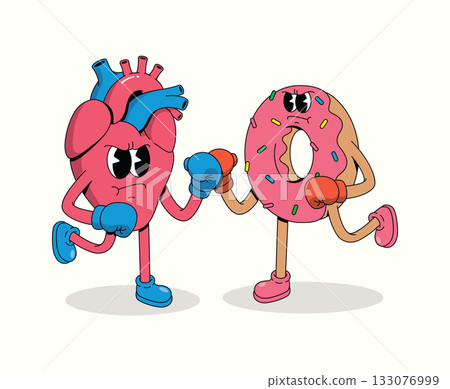 boxing heart vs donut character groovy cartoon illustration boxing heart vs donut character groovy cartoon illustration 133076999