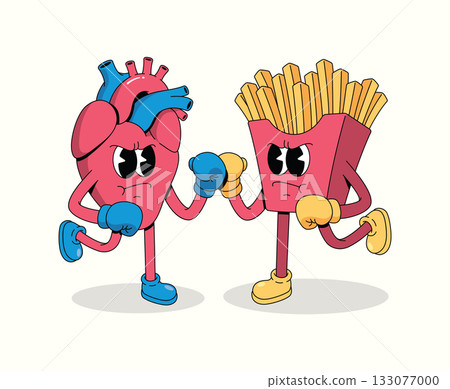 boxing heart vs french fries character groovy cartoon illustration boxing heart vs french fries character groovy cartoon illustration 133077000