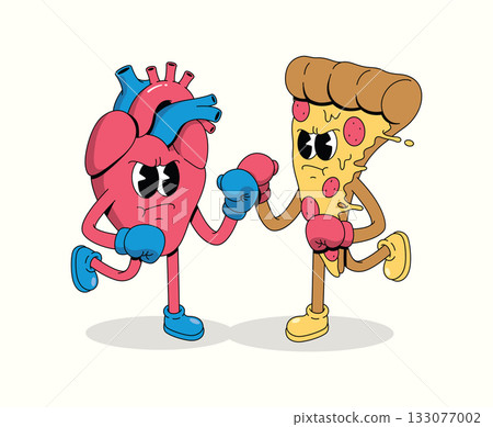 boxing heart vs pizza character groovy cartoon illustration 133077002