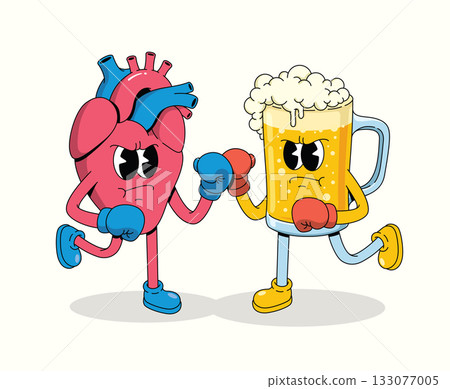 boxing heart vs beer character groovy cartoon illustration boxing heart vs beer character groovy cartoon illustration 133077005