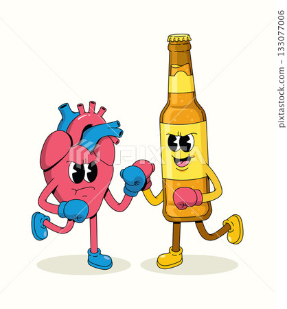 boxing heart vs beer bottle character groovy cartoon illustration 133077006