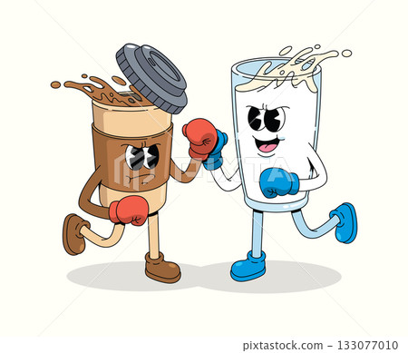 boxing coffee vs milk character groovy cartoon illustration 133077010