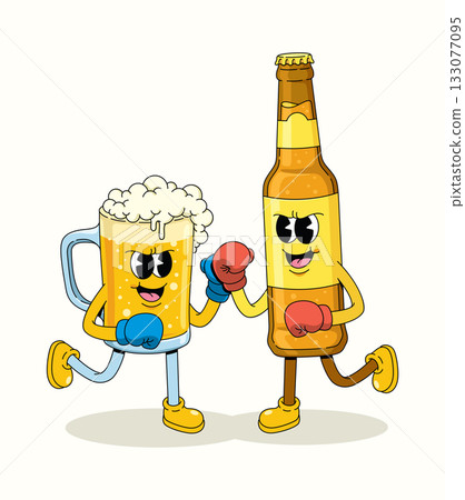 boxing beer vs beer bottle character groovy cartoon illustration boxing beer vs beer bottle character groovy cartoon illustration 133077095