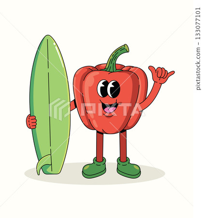 bell pepper surf shaka hand character groovy cartoon illustration bell pepper surf shaka hand character groovy cartoon illustration 133077101