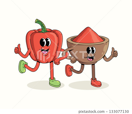 bell pepper and powder character groovy cartoon illustration bell pepper and powder character groovy cartoon illustration 133077130