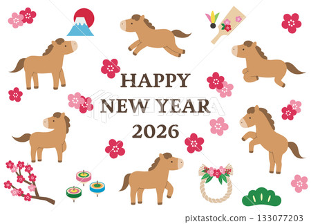 New Year's card template for the Year of the Horse 2026. Horse, cute, lucky charm, vector, plum blossom 133077203