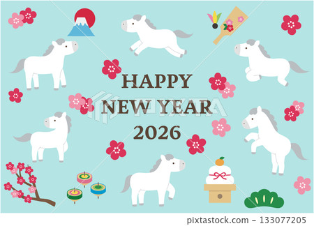 New Year's card template for the Year of the Horse 2026. Hakuba, cute, lucky charm, vector, plum blossom 133077205