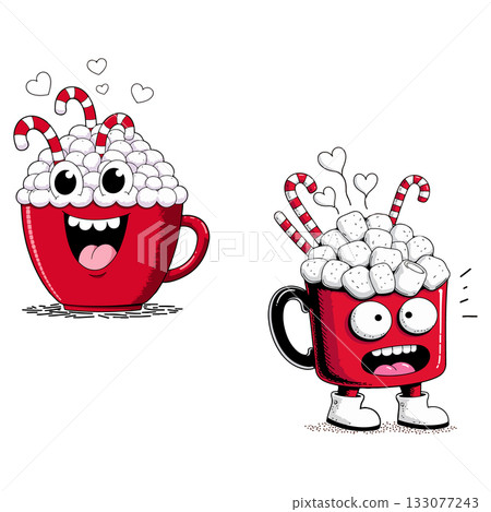 Cartoon Hot Chocolate Mugs with Marshmallows and Candy Canes 133077243