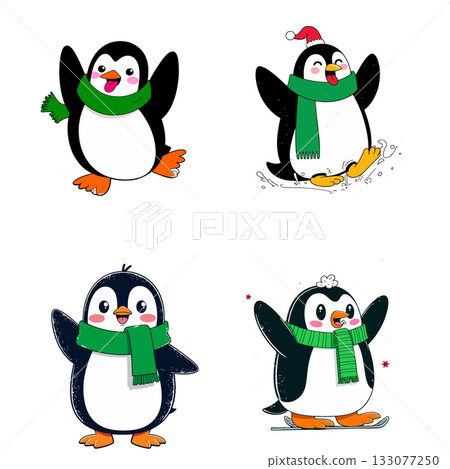 Cartoon Penguins in Winter Attire 133077250