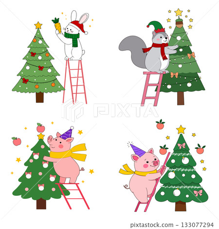 Festive Animals Decorating Christmas Trees Festive Animals Decorating Christmas Trees 133077294