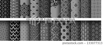 Geometric floral set of seamless patterns. Gray and black vector backgrounds. Damask graphic ornaments 133077313