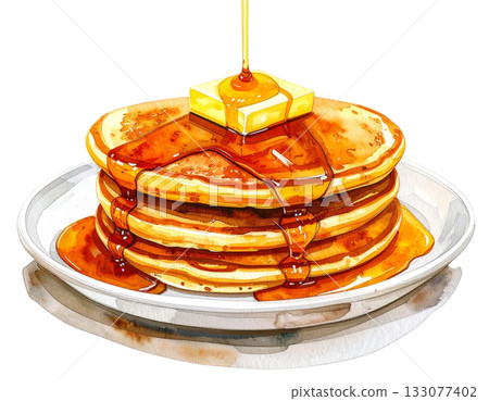 塗上奶油和楓糖漿的煎餅水彩插圖 塗上奶油和楓糖漿的煎餅水彩插圖 133077402
