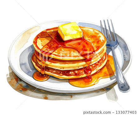 塗上奶油和楓糖漿的煎餅水彩插圖 133077403