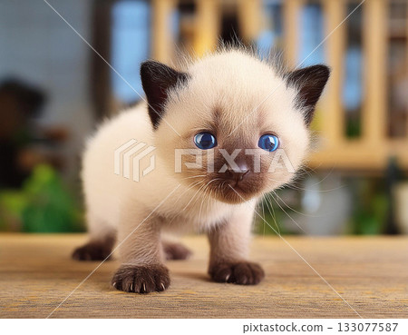 A cute baby Siamese cat with distinctive blue eyes is watching over the newborn. 133077587