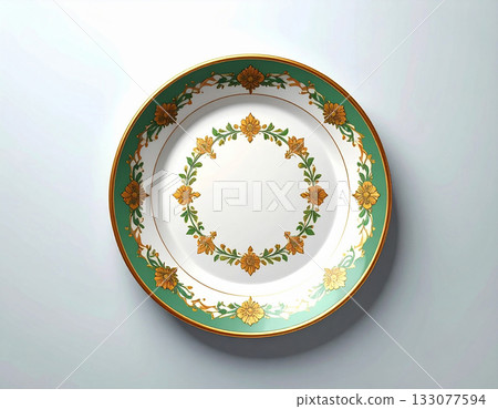 Elegant dining. Ceramic plate with a green and gold pattern on a white background. Porcelain kitchenware. Close-up. Top view. 133077594