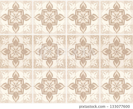 Side light. Texture of ceramic tiles with geometric patterns in beige color. English style. Building materials. Design mockup and background. 133077600