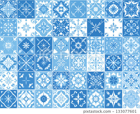 Commercial Use. Texture of ceramic tiles with geometric patterns in blue color. English style. Building materials. Design mockup and background. 133077601